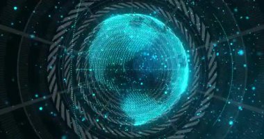 Parlayan cyan parçacıkları birleşerek dünyayı oluşturur. Dönen simge halkaları taramaları tarar ve verileri gösterir. Hologram, teknoloji, fütürizm, dijital, görselleştirme, yenilik, soyut