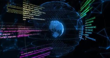 Akış başlangıcında, 3D mavi noktalı küreyi ağ akışını gösteren kod akışları olarak döndürür. Teknoloji, veri, siber alan, ağ, yenilik, dijital, bağlantı