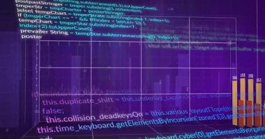 Kod kırıntısı ızgara oluşumunu başlatıyor ve betik kaydırması, çubuk grafiği canlı veriyi görüntülüyor. Fütürist, dijital, analitik, soyut, teknoloji, dinamik, arayüz