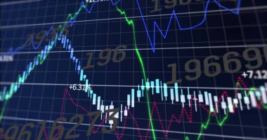 Monitörde mavi şamdanlarla, yeşil, mavi ve morumsu çizgilerle grafikler gösteriliyor. Finansal, teknoloji, analitik, veri, yatırım, dijital, profesyonel