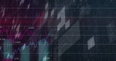 Ekranda mor ve mavi çizgileri ve yüzde etiketli bar sütunlarını gösteren gösterge paneli gösteriliyor. Veri analizi, finans teknolojisi, torpido gözü, yatırım, pazar analizi, dijital görselleştirme, iş zekası