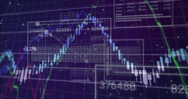 Mum çubukları koyu mor ızgarada pazar hareketlerini gösteriyor, çizgi grafikleri ve etiketleri var. Analizler, finans, teknoloji, veri, yatırım, dijital, grafikler