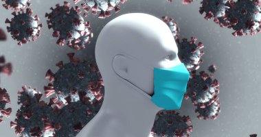 Gri arka planda maske takan insan kafası modeline karşı Covid-19 hücreleri