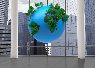 3 boyutlu görüntüde parlayan zemindeki cam pencerelerden önce ağaç kümeleri ile şekillendirilmiş Dünya küresi görülüyor. Çevre, kentsel, sürdürülebilir, kurumsal, modern, soyut, küresel