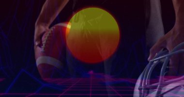 Arenada futbol maskesi takan üstsüz bir sporcu pozu vermek, neon ızgara tepeleri, değişken güneş. Sporcu, spor, fütürist, neon, dijital, yoğunluk, performans