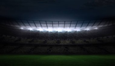 Düz dizayn edilmiş boş spor stadyumu, geceleri projektörlerin altında yeşil çimen sahası ile parlıyor. Stadyum, gece, aydınlanma, mimari, spor, arena, boş