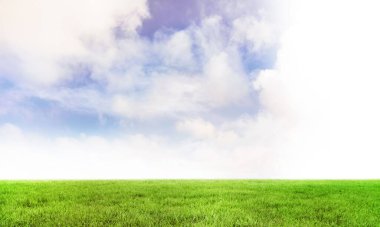 Düz tasarım çayır sahnesi dağınık bulutlarla ufka uzanan canlı yeşil çimenleri gösteriyor. Manzara, doğa, dinginlik, eko, minimalizm, açık hava, pastoral