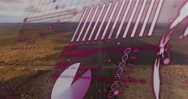 Kurak çöl otobanı üzerinde dijital kaplama, çizgi grafiği, turta, zaman çizelgesi gösteriliyor. Soyut, teknoloji, analitik, kentsel, görselleştirme, profesyonel, modern