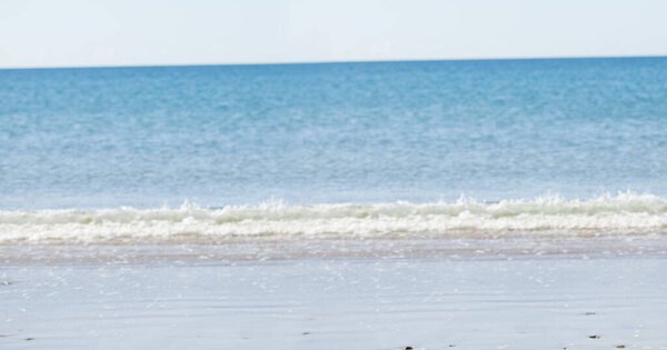 Спокойный голубой океан с нежными волнами простирается по мокрому песчаному пляжу в плоском дизайне. Serene, coastal, cape, minimum, natural, tranquil, hand