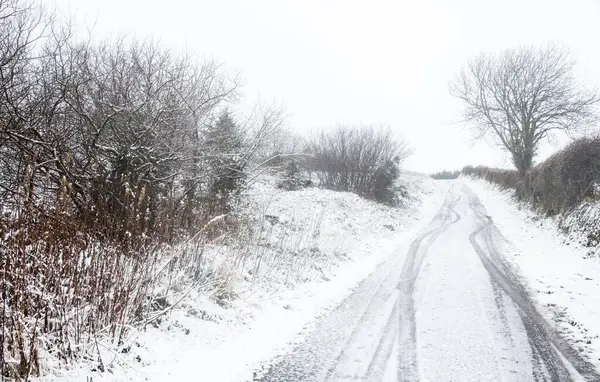 Düz tasarım kar kaplı şerit kıvrımlı, yokuş yukarı, çift iz ve çitlerle kaplı. Kırsal, kış, manzara, kar, kırsal, manzara, doğa
