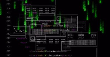 Artan siber tehditleri ortaya çıkaran ikili yağmurlar kablo çerçevelerini kaydırıyor ve örtüyor. Siber güvenlik, dijital, teknoloji, veri, arayüz, şifreleme, ağ