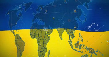 Açılış, veri akışını resimleyen düğümler olarak kıtaları renklendiren dünya haritalarını ortaya çıkarır. Teknoloji, bağlantı, veri, dijital, ağ, küresel, yenilik