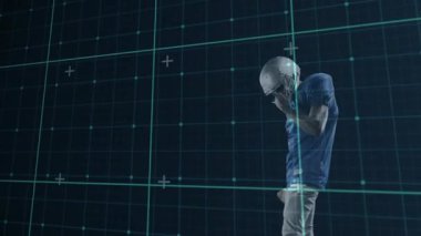 Teal spor şebeke oluşumu, futbol oyuncusunun topu tutarak oyuna ayak uydurması. Futuristik, atletik, hareket, dijital, performans, ekipman, teknoloji