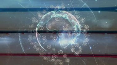 Değişken çubuklar üzerinde dönen kablo küresi yüklendiğinde, yörüngede dönen veri düğümleri, görselleştirilen ağ. Teknoloji, veri, bağlantı, ağ, fütürizm, yenilik, dijital