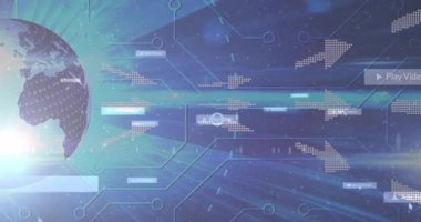 Başlangıçta dijital dünyanın yüzmesini tetiklerken, oklar panelleri süpürüyor ve görsel veri akışını sağlıyor. Teknoloji, bağlantı, yenilik, veri, ağ, dijital, soyut