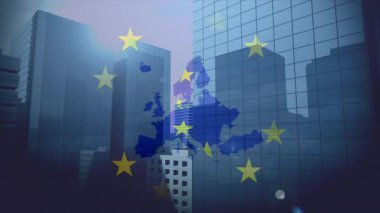 Başlangıçta Avrupa haritasının soluklaşması yıldızların titreşimini tetikler, kamera birlik için ufuk çizgisine doğru döner. Kentsel, ufuk çizgisi, modern, kurumsal, mimari, yenilikçi, ilerleme