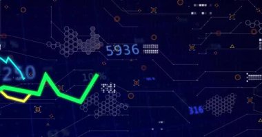 ızgara yükleme yeşil trend çizgisi yükseliyor ve analitik gösteren sarı cyan çizgileri sallanıyor. Dijital, veri, teknoloji, soyut, analitik, fütüristik, görselleştirme