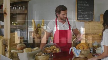 Pastane çalışanları müşterileri selamlıyor ve ardından gelen jestler sipariş için maşalı hamur işlerini seçiyorlar. Esnaf, kahvaltı, kırsal, taze, konukseverlik, zanaat, perakende