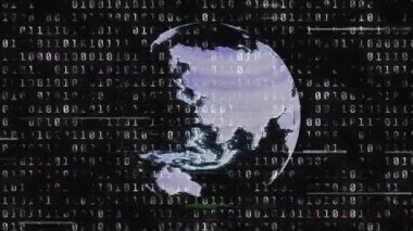 İkili akımlar mor küreyi çalıştırıyor, sola doğru dönüyor ve noktalı ağ bozulmasına neden oluyor. Fütürist, dijital, teknoloji, sibernetik, soyut, ağ, yenilik