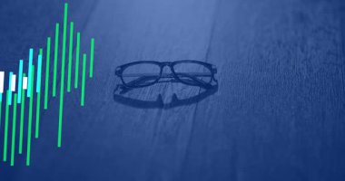 Gelişmekte olan renkli çubuklar ses dalgalarını görselleştirmek için sol kenardan camlar boyunca büyüyüp titreşiyor. Gözlükler, görselleştirici, soyut, dijital, teknoloji, çalışma alanı, canlı