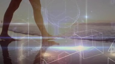 Günbatımında dalgalara atlayan bir kadın telgraf küplerini ve Yunanca teknoloji sembollerini aktifleştiriyor. Deniz kenarı, dijital alarm, minimalizm, sükunet, yenilik, gelecek, yaz