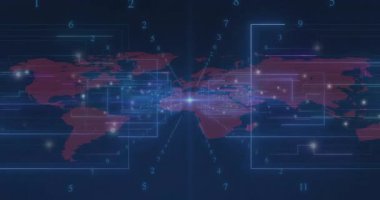 Merkezi flaşla tetiklenen veri akışını gösteren dijital küresel harita, genişleyen çizgiler ve yanıp sönen düğümler. Gelecek, teknoloji, bağlantı, siber alan, veri, yenilik, ağ