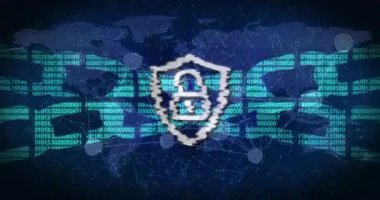 Şebeke haritasında güvenliğin sağlanması için kalkan asma kilidine dönüşen akış kodu başlatılıyor. Siber güvenlik, şifreleme, dijital, teknoloji, koruma, yenilik, soyut