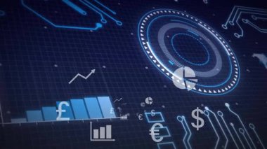 Yükleme ızgarasında yüksek çözünürlüklü para birimi simgelerinin fırlatılması ve yükselen grafiğin finansal verilerin taşınması görülüyor. Teknoloji, yenilik, analitik, veri görselleştirme, finans, dijital arayüz, gösterge paneli