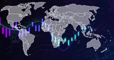 Canlandırmada, küresel eğilimleri görselleştirmek için çizgi yükselmeye, düşmeye ve harita boyunca iz sürmeye başlayın. Dijital, veri, analitik, görselleştirme, fütüristik, teknoloji, soyut