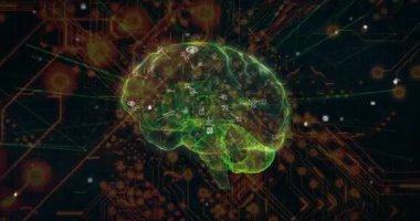 Yeşil 3D beyin hologramı, sinirsel alanları vurgulamak için veri hatlarını genişletirken ortaya çıkıyor ve dönüyor. Nöroloji, teknoloji, veri görselleştirme, yenilik, dijital arayüz, gelecekçi, yapay zeka