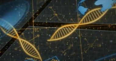 Işıldayan sarmalın içeri girmesi, veri noktalarının dağılması ve veri analizi için bağlanması. Biyoteknoloji, fütüristik, veri görselleştirme, dijital, yenilik, bilim, teknoloji