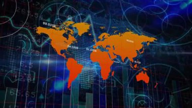 Turuncu dünya haritası Kuzey Amerika üzerinde titreşim halkalarını gösteriyor, veri etiketlerini ve akış dalgalarını başlatıyor. Dijital, teknoloji, küresel, veri görselleştirme, fütüristik, analitik, devre