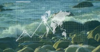 Dünya haritasında kaybolan ızgara, ortaya çıkan veri noktaları ve çoklu hat tırmanışı sırasında tablo güncellemesi. Gelecekçi, analitik, dijital, küresel, teknoloji, okyanus, görselleştirme