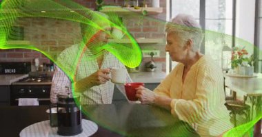 Yeşil teknoloji yanlama aşaması. Mutfak adasında kahve kupalarını değiş tokuş eden son sınıf çifti kabul ediyor. Yaşlı çift, mutfak, ısıtma, çağdaş, evcil, barışçıl, arkadaşlık.