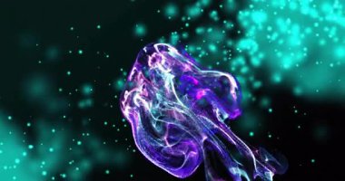 Işıldayan denizanası formunda titreşen titreşimli denge bileşimi olarak süzülen cyan ışıkları. Soyut, dijital sanat, ışıltı, akışkan hareket, fütüristik, kozmik, ortam