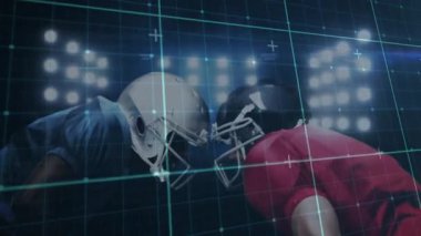 Futbolcular karşı karşıya, şebeke zayıflıyor, darbe analizi başlıyor eğiliyor ve duruşları ayarlıyor. Sporcular, teknoloji, rekabet, strateji, simülasyon, hareket, stadyum