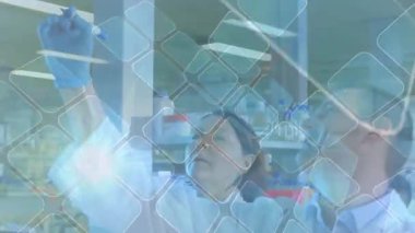 Kadın bilim adamı pipet seçiyor ve sıvı çizerken akranları da veri örtüsüyle hassasiyeti doğruluyor. Laboratuvar, araştırma, deney, veri görselleştirme, kesinlik, işbirliği, bilimsel