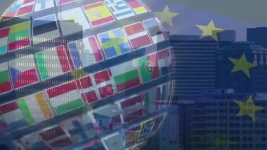 Başlangıçta 3D dünya yavaşça dönüyor ve durağan AB yıldızı üzerindeki ulusal bayrakları haber için gökyüzüne çıkarıyor. Coğrafya, küreselleşme, dijital, uluslararası, bağlantı, teknoloji, şirket