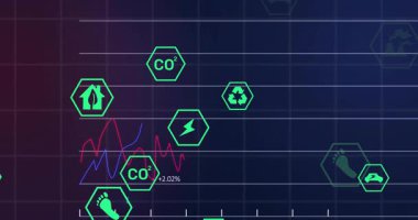 Ani kırmızı çizgi tarama ızgarası ikonların hareket etmesine ve sürdürülebilirlik verileri için grafiklerin salınmasına neden oluyor. Çevresel, analitik, fütüristik, veri görselleştirme, çevre dostu, teknoloji, sürdürülebilirlik