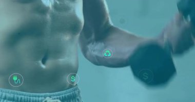 Dambılı tutan adam, gövde boyunca dönen ekolojik ikonlar için yukarı doğru kıvrılıyor. Kas, zindelik, teknoloji, sürdürülebilirlik, çevre, güç, enerji