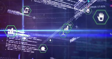 Mavi ışın ikili kodları kesiştirip altıgen simgeleri, sayısal paneller ve görselleştiren grafikleri çalıştırıyor. Dijital, yenilik, fütüristik, analitik, teknoloji, görselleştirme, zeka