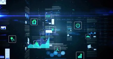 Yüzen yeşil enerji simgeleri grafik animasyonlarını başlatıyor ve bağlantıları görselleştiren verileri birbirine bağlıyor. Sürdürülebilirlik, analitik, yenilik, fütürizm, teknoloji, çevre, veri görselleştirmesi