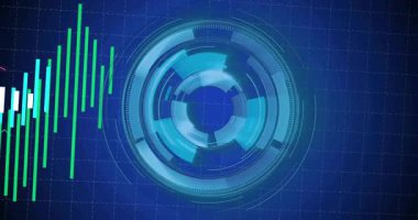 Başlangıçta dairesel UI döndürme animasyonu renkli çubuklar ve verileri gösteren nabız çizgisi grafikleri. Gelecekçi, analitik, arayüz, dinamik, dijital, teknolojik, kurumsal