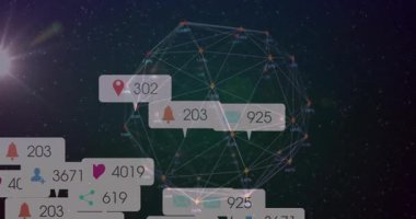 Toplumsal kabarcıklar ortaya çıkarken ve bağlanma sürelerini güncellerken 3D ağ küresi dönüyor. Gelecek, dijital, yenilik, teknoloji, bağlantı, soyut, dinamik