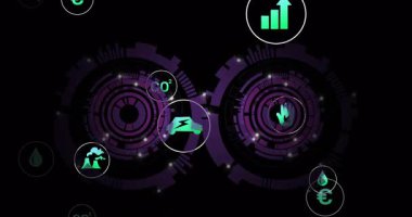 Başlangıçta mor paneller yeşil simgelerle titreşir ve döner, verileri birbirine bağlar ve karartır. Futuristik, teknoloji, arayüz, veri, dijital, yenilik, siber