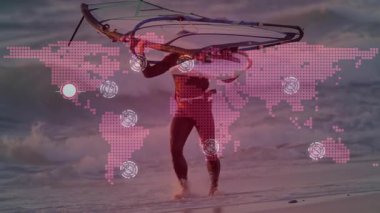 Rüzgâr sörfü platformunu taşıyan bir adam, küresel ışık düğümlerine dalıp teknoloji ağını birbirine bağlıyor. Teknoloji, bağlantı, iletişim, yenilik, dijital, küresel, ağ