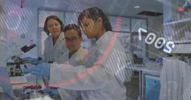 Şişeleri işaretlemek, laboratuar ekibinin sıvıyı pipetlemesi, mikroskobu analiz için dijital örtüler altında ayarlaması. Bilim, yenilik, işbirliği, araştırma, teknoloji, tanı, laboratuvar