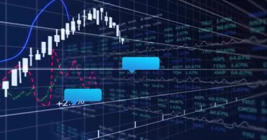 3 boyutlu ızgara şamdan çubuklarını başlatıyor yükselen ve moda çizgileri kabarcık simgeleriyle hisse senedi salınımlarını takip ediyor. Finansal veriler, piyasa analizi, dijital görselleştirme, yatırım, teknik gösterge, hisse senedi ticareti, dinamik arayüz