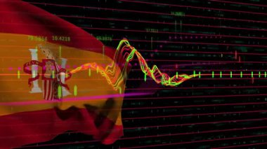İspanyol bayrağının dalgalanması, pazar değişimlerini gösteren şamdan çizelgelerinde büyüyen dalga biçimlerini tetikliyor. Finansal görselleştirme, piyasa analizi, veri analizleri, dijital tablolar, yatırım, bullish, bearish