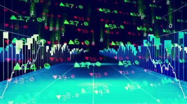 Panelde beyaz çizgi beliriyor. İkili kod yağmur ve grafik piyasa kaymasını gösteriyor. Finansal, veri, analitik, görselleştirme, dijital, teknoloji, gösterge paneli